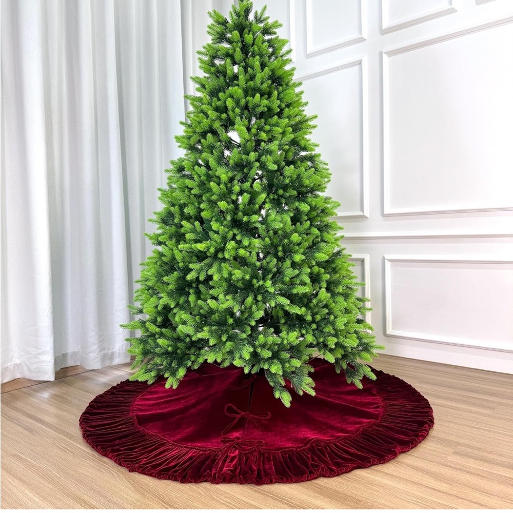 60-Inch Ruffled Velvet Christmas Tree Skirt Foam Padding Tie Closure Burgundy - Picture 7 of 9